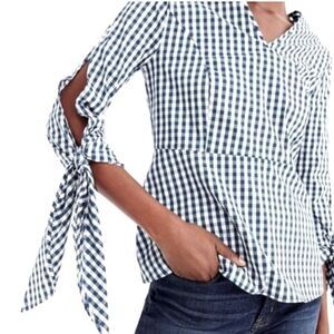 Universal Standard For J. Crew Womens S Poplin Tie Sleeve Top Blue Gingham Check